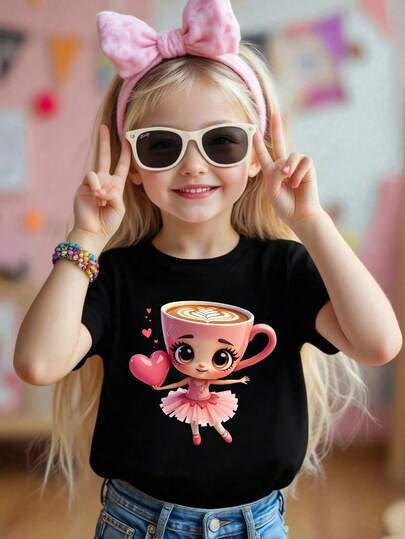Cartoon Print Black Crew Neck Short Sleeve T-Shirt For Young Girls