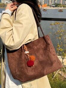 2pcs/Set Autumn/Winter Large Capacity Plush Tote Bag, Fashionable Commuter Handbag With Detachable Pouch & Charm - Multicolor - View 8