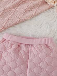 Conjunto de 2 piezas de chaqueta de cárdigan acanalada con cuello Peter Pan y flores 3D + pantalones para niña - Rosa - Ver 8