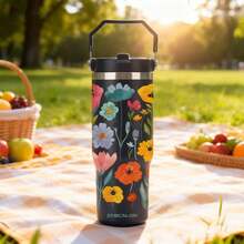 1pc 30oz/900ml Colorful Floral Pattern Stainless Steel Insulated Tumbler, Large Capacity Handled Water Bottle With Straw, Suitable For Travel, Outdoor, Gym, Office, Home, All Seasons, Great Gift For Friends, Family, Holidays (With Straw)