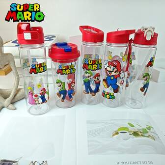  Super Mario Officially Licensed Straw Leak-Proof Sports Water Bottle, Large Capacity With Super Mario High-Quality Printed Design, Plastic Material With Straw, Perfect Choice For Men And Women Fitness, An Ideal Gift For Mario Fans And Friends