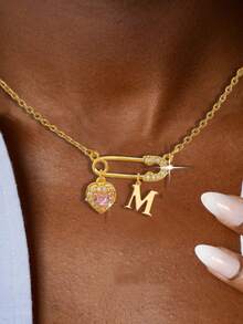 1件时尚安全别针，26个字母组成的爱心吊坠项链，不锈钢链，铜质吊坠镶嵌立方氧化锆，女士礼物，日常佩戴 - 款式5 - 查看 1