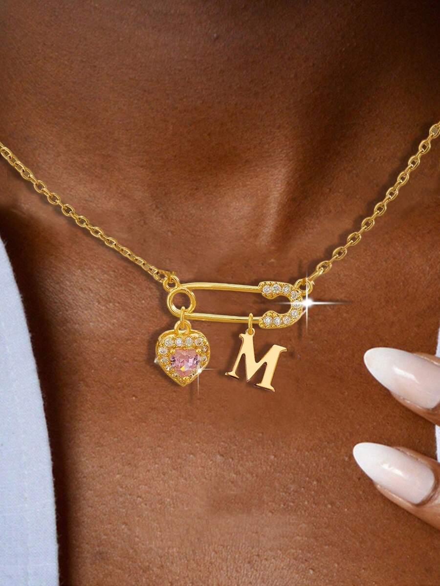 1件时尚安全别针,26个字母组成的爱心吊坠项链,不锈钢链,铜质吊坠镶嵌立方氧化锆,女士礼物,日常佩戴 - 款式5 - 查看 1