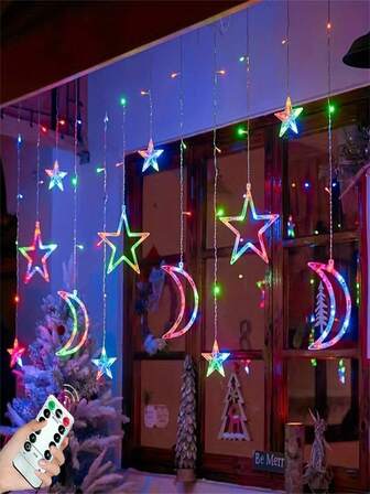 1 pieza Luces de cadena con diseño de estrellas y lunas, luces de cortina, adecuadas para el hogar, dormitorio, dormitorio, Ramadán, decoración del Día de San Valentín