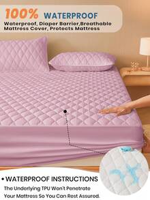 1pc Pink Water Resistant Bed Sheet, Bedding, Fitted Sheet, Home Decoration, Cozy Home Textile, Breathable And Anti-Pilling Mattress Protector, Water Resistant Mattress Cover, Soft And Comfortable Bedding For Bedroom, Skin-Friendly Mattress Protector, Dustproof And Moisture-Proof Mattress Protective - Pink - View 6