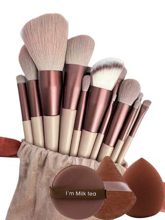 13 Professional Makeup Brush Sets, Ladies' Makeup Brush Sets, Bevel And Conical Foundation Brushes, Contour Brushes, Blush Brushes, Foundation Brushes, Eyeshadow Brushes, Concealer Brushes, Highlight Brushes, Applicator Brushes + 2 Brown Makeup Sponges, Eyeshadow, Foundation, BB Cream, Concealer Brushes, Soft Women's Makeup Tools, Easy To Carry, Travel Set
