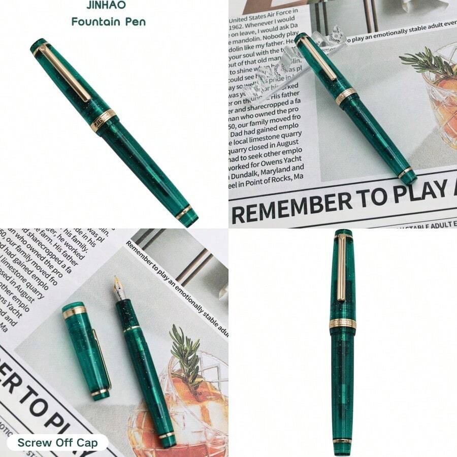 82 Fountain Pen Acrylic Material Pen Barrel Iridium Extra Fine Nib With Ink Converter Smooth Writing Pen Classic Design Transparent Fluorescent Green Gold Trim - 螢光綠+超細 - 查看 1