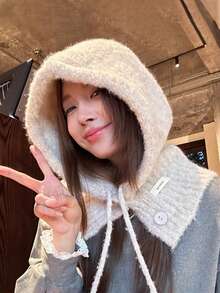 1pc Soft Thick Balaclava Knit Hat Scarf Set, Warm & Casual, Multifunctional For Women In Autumn/Winter