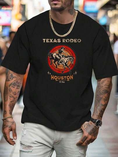 100% Pure Cotton Houston Texas Rodeo Vintage Western Retro Cowboy T-Shirts Funny Printed Men's T-Shirt