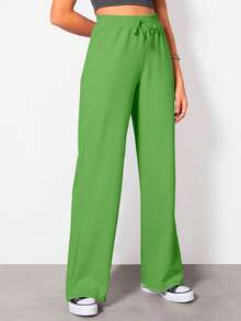 Wide Leg Pants With Flare Leg, Sophisticated Fit, Structured Style, High , Contemporary, Casual, Comfortable, Modern, Chic - 綠色 - 查看 1