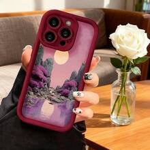 Cubierta de teléfono con borde negro diseño de paisaje con flores moradas y luna rosa para iPhone 14 Pro Max protección contra golpes ideal para uso diario y viajes - Café integral - Ver 5