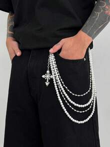 1 件复古朋克风格多层仿珍珠腰链，水晶十字架装饰，男士百搭配饰，送给男朋友的创意生日礼物 - 仿珍珠褲鏈 - 查看 7