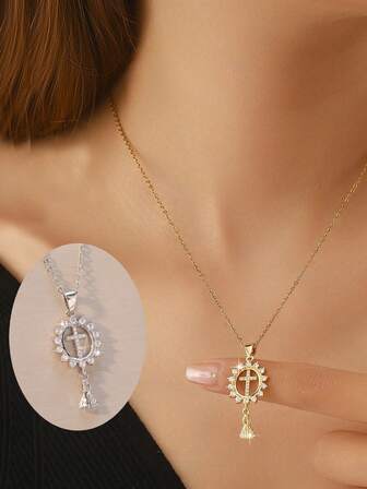 1pc Women's/Vintage Cross Necklace, Circle Tassel Design With Zirconia Inlay, Casual Intellectual, Suitable For Important Festivals, Parties, Dining, Couples Gift
