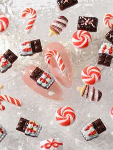 50 piezas/bolsa Decoración de uñas con temática navideña - Pegatinas 3D de bastón de caramelo, piruleta, caja de regalo de chocolate, adornos para manualidades navideñas. Juego de accesorios festivos para uñas para niñas o mujeres - Multicolor - Ver 8