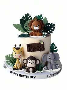 Forest Leaf Cake Topper, Jungle Animal Soft Doll, Lion Giraffe Elephant Monkey Turtle Leaf Grass Cake Decoration, Suitable For Birthday Cake Decoration, Christening Forest Theme Party Cake Decoration Supplies(Please Use With The Tray.)