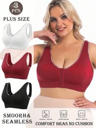 CELILIN 3 件装加大码运动文胸 | 前扣式，透气网眼面料，无钢圈舒适文胸