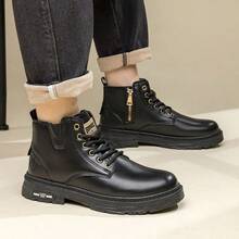 Men's Solid Color Casual Boots, Side Zipper Lace-Up Walking Shoes, Suitable For Various Outdoor Activities, Brown, Spring/Autumn/Winter - Black - View 5