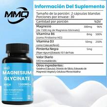 MMQ Glicinato de magnesio 1500 mg con vitaminas B6 y D3 | Fórmula de alta absorción para el sueño, la calma, la relajación muscular, los calambres en piernas y pies, el metabolismo, la salud cardíaca, los huesos y los nervios | 60 cápsulas - Otros - Ver 6