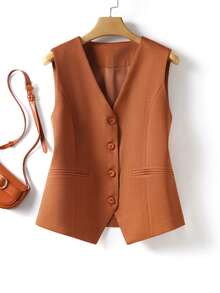 Áo khoác vest không tay cổ chữ V cài một hàng khuy thời trang dành cho nữ mùa xuân/thu. - trái cam - Xem 13