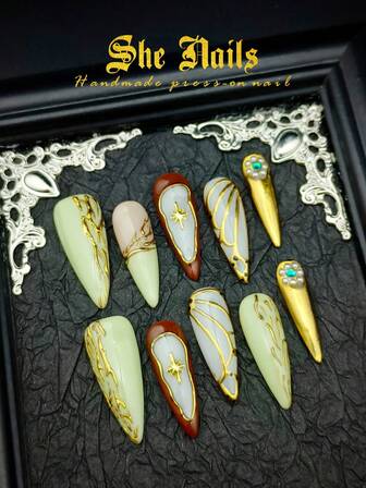 Cute Barquore Nail Art 10pcs Glossy Eye-Catching Luxurious Gold Armor French Middle Eastern And Western Gothic Palace Style Long Square Shaped Press On Nails . Bright Green Nail Face, 3D Hand Drawn Relief Craftsmanship, 3D Small Gold Beads Decoration, Unique Style, Eye-Catching Colors Suitable For Parties Women And Girls Wear With Free Gel Nail Kit.