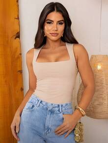 Kit Of 4 Women's Bodysuits, Square Neckline, Wide Straps, Sleeveless, Non-Transparent, With Elastane, Shaping, Versatile, Basic, Simple, Casual, High Fashion, Blogger Style, Foreign Style - BLACK-cOFFEE-cOCOA-bEIGE - View 4