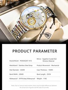 POEDAGAR 1pc Men's Stainless Steel Automatic Hollow Tourbillon Mechanical Wristwatch, Casual Men's Watch, Waterproof Luminous Function, Fashion Men's Wristwatch, Suitable For Daily Wear, Men's Gift - White - View 9