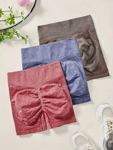 3 قطع سراويل قصيرة رياضية للنساء تشكيل الخصر عالي الخصر ورفع الأرداف، موضة ولياقة بدنية، سراويل قصيرة للجيم - متعدد الألوان - مشاهدة 2