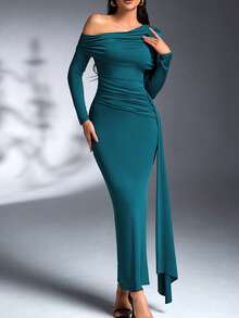 Vestido de fiesta, boda, club, sexy para mujer con cuello asimétrico, manga larga, drapeado y ajustado para fiestas, conciertos country, Navidad y noches de fiesta