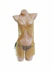 New Metal Chain Tassel Chest & Waist Chain Combo, Fashionable Body Chain For Women - Gold - View 5