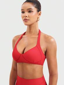 YEOREO Women Halter Sports Bra Light Support V Neck Padded Strappy Open Back Workout Gym Tops Y2K - Chili Red - View 3