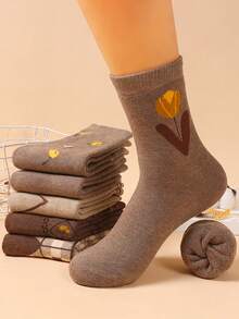 1/5 Pairs Women Plaid & Tulip Pattern Thermal Lined Warm Comfortable Casual Mid-Calf Socks
