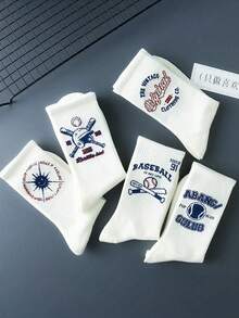 5双男女通用棒球字母图案中筒袜，街头运动风，适合日常穿着，秋季款
