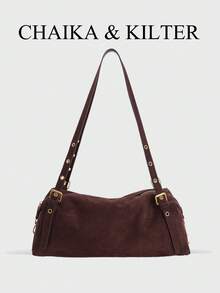 1 Túi đeo vai vải da lộn màu trơn CHAIKA & KILTER, Túi gối Boston thường ngày cổ điển dành cho nữ có lỗ trang trí, quai xách đôi, khóa kéo, thích hợp cho việc mua sắm hàng ngày - Cà phê - Xem 1