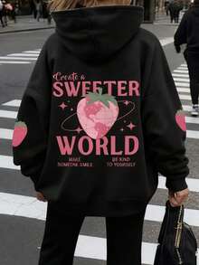 1 hanorac cu guler rotund pentru adolescente, cu imprimeu de căpșuni și slogan, hanorac casual cu mânecă lungă, ținute pentru întoarcerea la școală, absolvire, întoarcerea la școală