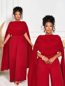 BIUBIU Bộ jumpsuit dáng ôm màu trơn thanh lịch dành cho nữ cỡ lớn mùa thu đông, cổ áo xếp ly, chất liệu satin co giãn cao, thích hợp làm váy dự tiệc/trang phục năm mới/trang phục Giáng sinh/trang phục đi chơi mùa xuân. - Màu Đỏ Sâu - Xem 2