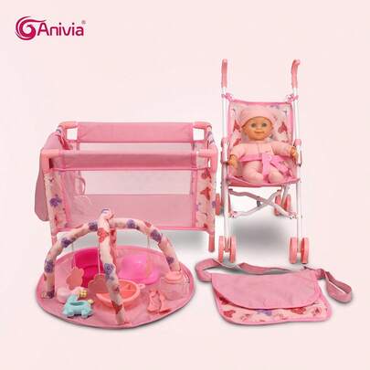  ANIVIA 12-In-1 Doll Stroller Set - Includes Doll Stroller, 11" Doll, Toy Dining Set, Doll Bed, Play Mat, Feeding Toys, Diaper Bag, Daycare Role Play Set, Ideal Holiday & Birthday Gift For Children