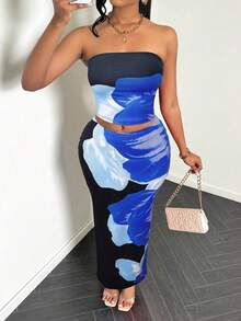 MOOD WOOD 2026 Autumn And Winter Women's Bodysuit Dress Set- -Crafted From Stretch Satin Fabric, This Two-Piece Set Features A Cropped Backless Top And Printed Skirt. Strapless Two-Piece Fitted Maxi Dress. - 寶藍色 - 查看 2