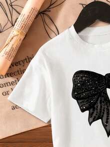 Young Girl Bow Print Short Sleeve Casual Round Neck T-Shirt - White - View 4