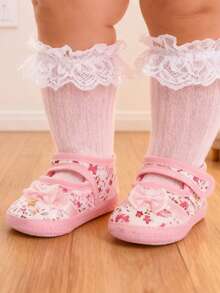 1 Pair Infant Girl Princess Shoes Socks, Lace Bow Soft Bottom Non-Slip Prewalker Shoes, Suitable For 0-12 Months Infant - Pink - View 8