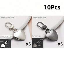 5pcs/10pcs Heart-Shaped Metal Zipper Pulls, Detachable Replacement Zipper Heads For Bags, Jackets, Clothes, Shoes, Universal Zipper Sliders, Long, Pendant, Wave Styles