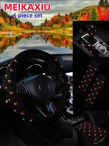 MEIKAXIU Bling Bling Bowknot Foil Decor Car Accessories Set, Including Steering Wheel Cover, Handbrake Cover, Gear Shift Cover, Shoulder Pad, Armrest Pad, Headrest Pad, Cup Holder Mat, Suitable For Women - Gold-stamped Small Bow - View 43