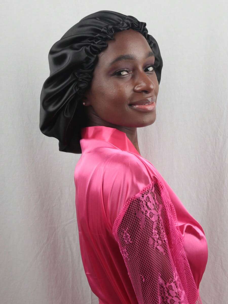 1 chiếc mũ ngủ bằng satin, mũ ngủ hai lớp bằng lụa, thích hợp để đội hàng ngày. - màu đen - Xem 1