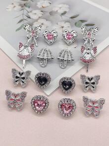 4件套Y2K风格奢华银色树脂仙女蝴蝶鞋带吊坠DIY配件，适用于女士运动鞋和靴子，个性化闪亮水钻伞形鞋带扣装饰，可拆卸心形鞋夹饰品，适合系带鞋，圣诞节、万圣节、情人节、生日派对礼物（不含鞋子）