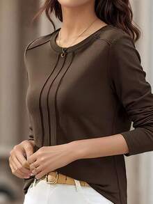 女士褶皱圆领衬衫，百搭休闲上衣，修身设计，适合秋冬春季穿着 - 咖啡棕 - 查看 10