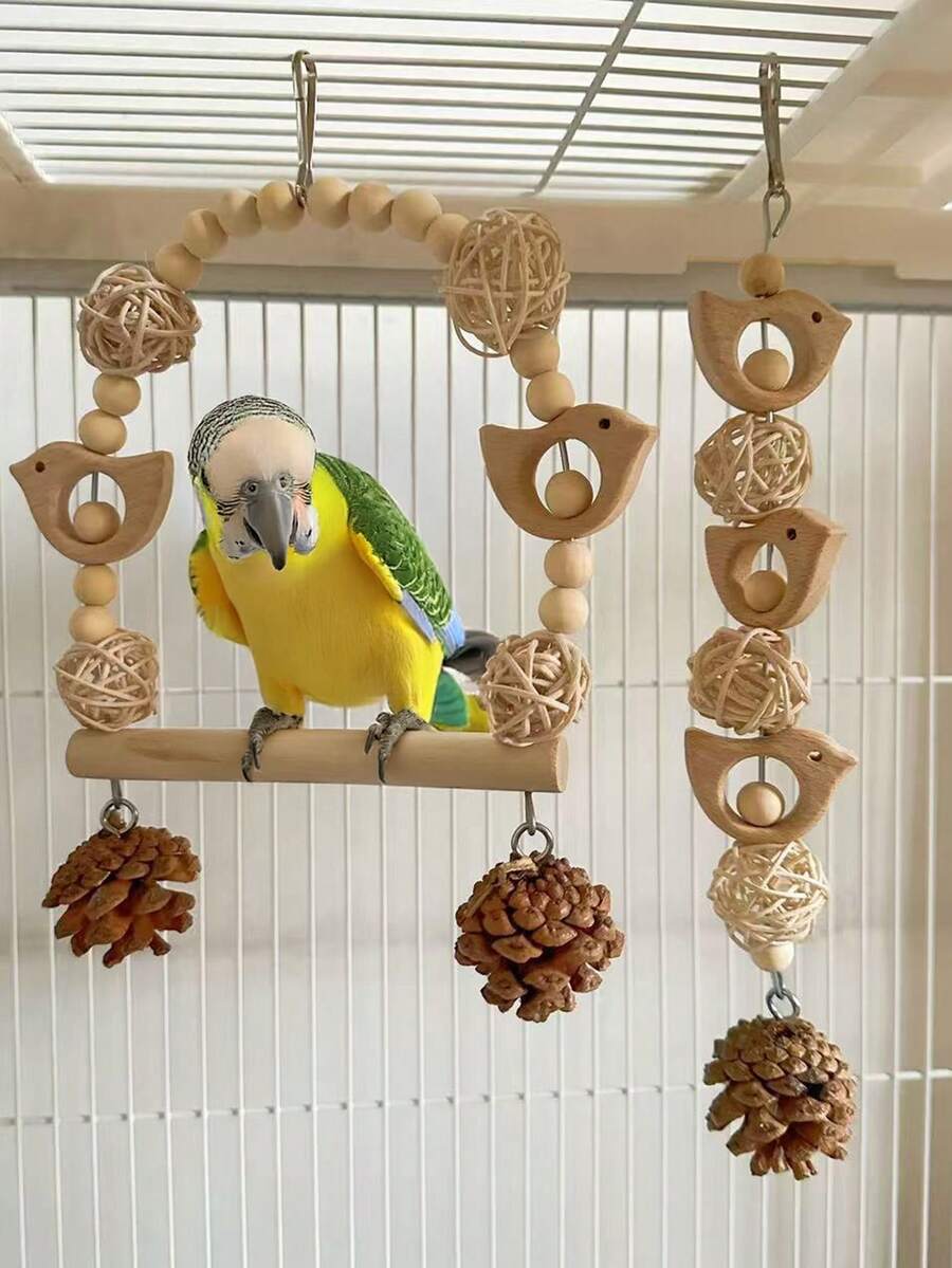 1pc Parrot Wooden Swing Hanging Toy, Parrot Swing Chew Toy, Suitable For Small Birds And Parrots