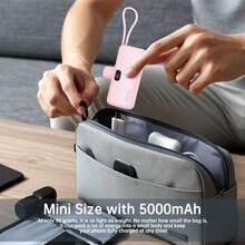 Mini 5000mAh Power Bank, 15W Fast-Charging Phone Charger, Built-In Charging Plug And Output Cable, LCD Smart Display, Type-C Plug Compatible With IPhone 17/16/15/Android - Hồng và đen - dành cho phích cắm Type-C + cáp dành cho iPhone 14 - Xem 5