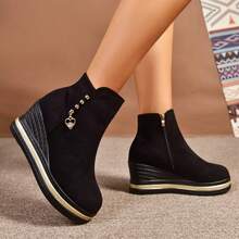 Botines de plataforma de estilo vintage con cuña, cómodos y elásticos, para mujer de talla grande, para otoño/invierno - Negro - Ver 5