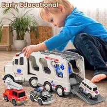 HENGPHY 5 In 1 Ambulance Vehicle Truck Toys For 3 4 5 6 Year Old Boys, Kids Carrier Friction Powered Cars With Light And Sound Helicopter, Fire Truck, Ambulance Car, Christmas Birthday Gifts For Age 3-9 Boys Girls - White - View 6