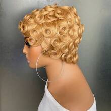 Parrucca corta riccioluta da donna stile pixie, in capelli umani, con frangia ondulata alla moda e a strati, parrucca frontale in pizzo completa - Multicolore - Visualizzare 4