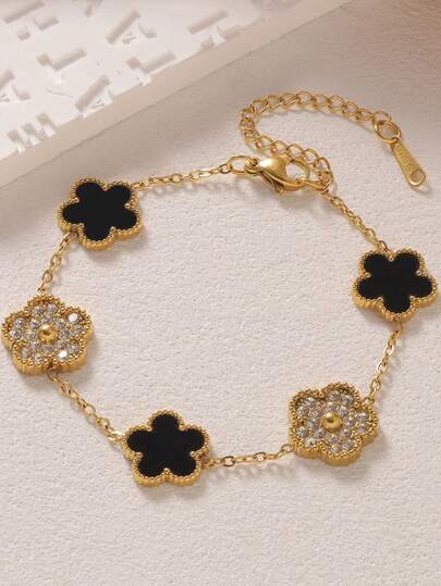 1pc Fashionable Stainless Steel Rhinestone Inlaid Five-Petal Flower Bracelet, Elegant Mother-Of-Pearl Luxury Bracelet For Women